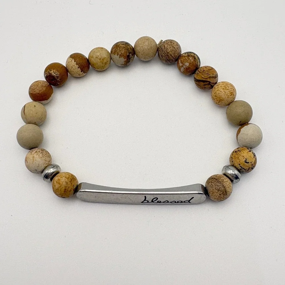 Blessed Bar Beaded Bracelet Women OS Brown Jasper Stone Faith Jewelry Religious